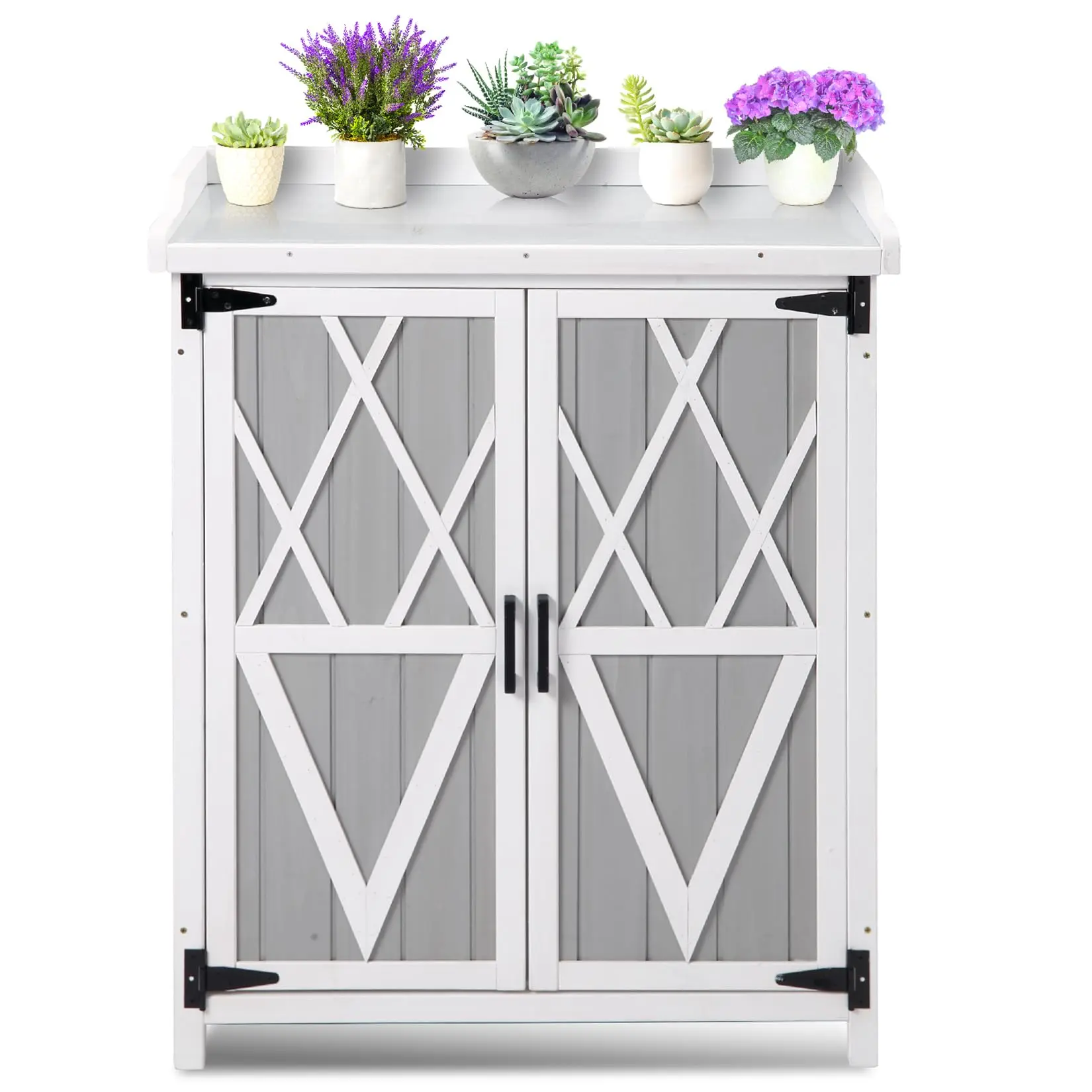 GARVEE - Potting Closet with Metal Table, Weather-Resistant Outdoor Wooden Storage Cabinets, Planting Workbenches with Adjustable Shelf, Doors for