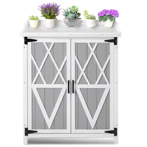 GARVEE - Potting Closet with Metal Table, Weather-Resistant Outdoor Wooden Storage Cabinets, Planting Workbenches with Adjustable Shelf, Doors for