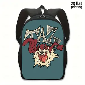 Taz Cartoon Backpack - Large capacity, durable fabric, adjustable shoulder straps, zip closure, stylish teal and red design, perfect for school, travel, and casual outings. A fun travel backpack/school bag with a secure zip closure, suitable for teenagers