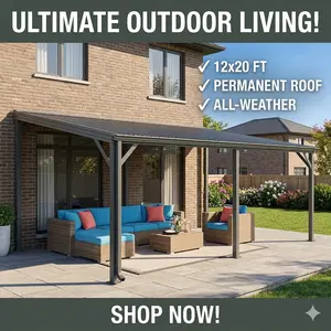 12x20FT Lean to Gazebo, Outdoor Hardtop Wall Mounted Gazebo with Sloping Galvanized Steel Roof, Upgraded Heavy Duty Mounted Shelter with Drainage System for Deck, Porch, Backyard On-Site