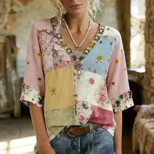 2026 100% Cotton Retro Floral Embroidered V-Neck Half Sleeve Cotton Top Spring Fashion Blouse Women Going Out Tops Comfort Elegant Outfits