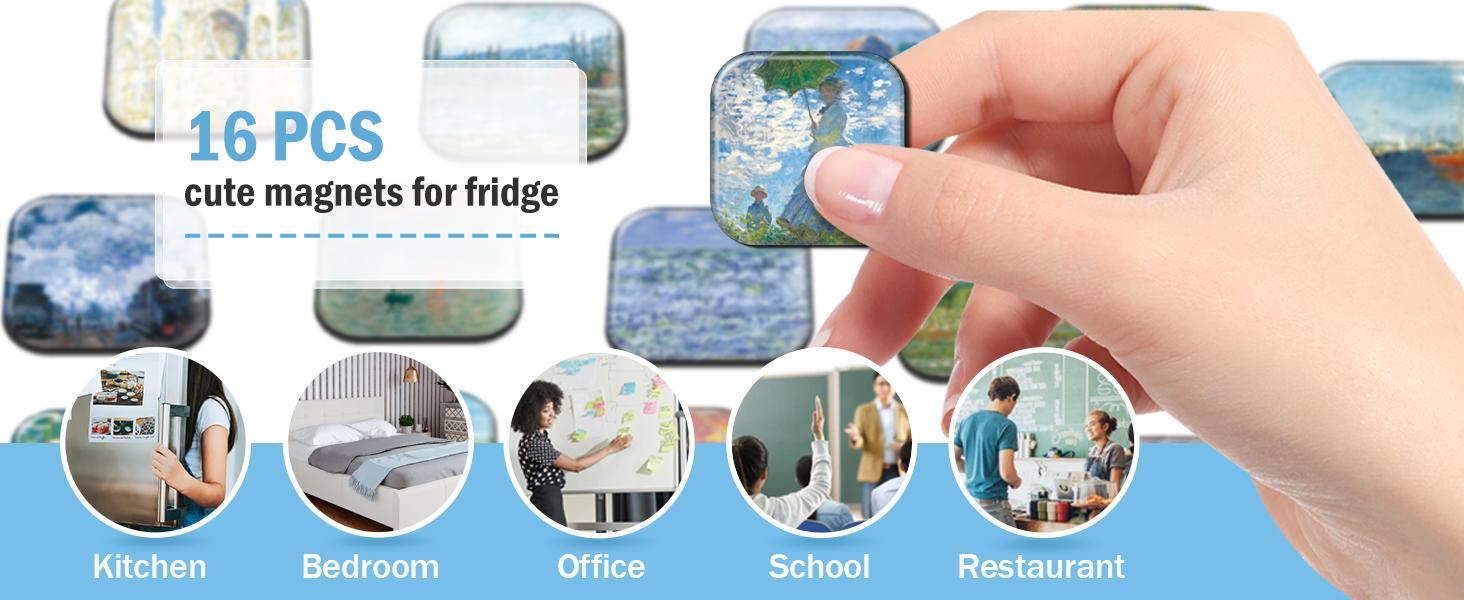16PCS Monet Magnets for Fridge Cute Locker Magnets Decorative for Refrigerator Whiteboard Cabinet Office Kitchen Blackboard for Adult
