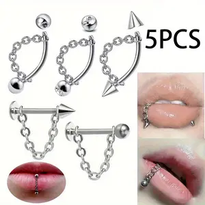 5PCS Chic Party Music Festival Lip Studs Set Vintage Chain Round Ball Pointed Cone Lip Ring Silvery Stainless Steel Handmade Body Piercing Jewelry Lip Nails Set