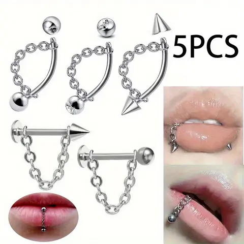 5PCS Chic Party Music Festival Lip Studs Set Vintage Chain Round Ball Pointed Cone Lip Ring Silvery Stainless Steel Handmade Body Piercing Jewelry Lip Nails Set