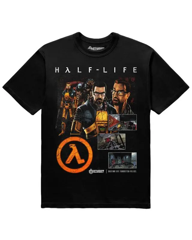 Half-Life Unisex T-Shirt, Black Cotton Tee with Graphic Design Featuring "HALF-LIFE" Text and Character Images, Fashion Cotton,Full Colors,Full Sizes