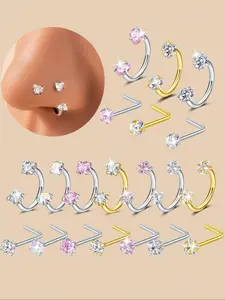 6pcs Horseshoe Nose Rings With L-Shape Nose Stud, Stainless Steel Pink Rianbow CZ Nose Ring,  Internally Threaded Horseshoe Nose Rings For Women, Lip Eyebrow Helix Ear Piercing Jewelry, All-Season Wear, Gift