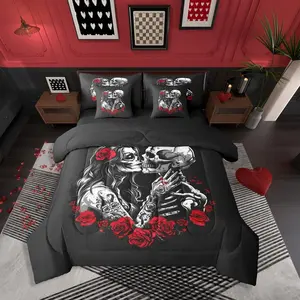 Gothic Valentine Couple Skull Bed Bag,7 Piece Valentine Day Skeleton Bones Comforter Bed Set with Sheets,Halloween Red Rose Flower Bedding Set,Kids Bed Set
