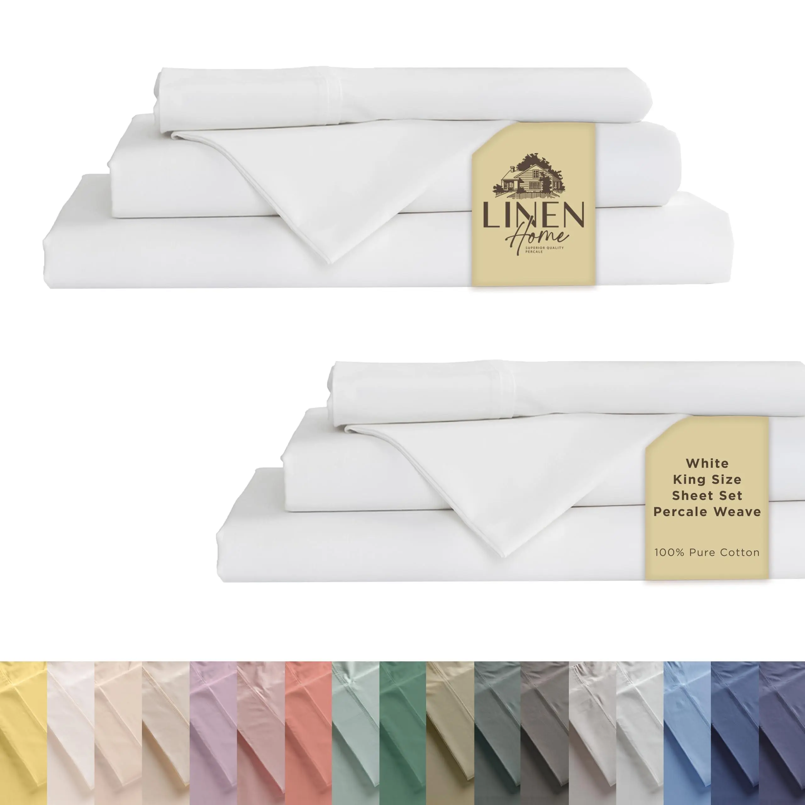 Linen Home 100% Cotton Percale Sheet Set Pack of 2, Deep Pocket,  Set - 2 Flat, 2 Deep Pocket Fitted Sheet and 4 Pillowcases, Crisp Cool and Strong Bed Linen