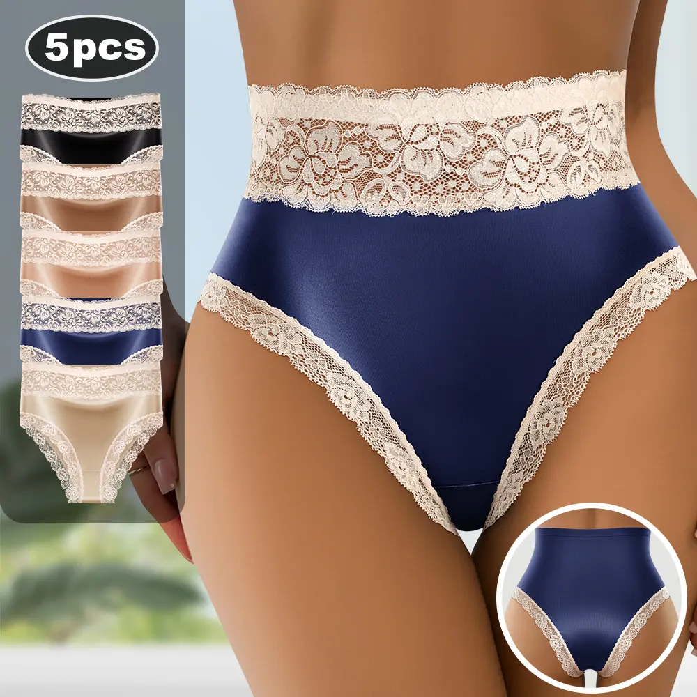 QUASTI 5-Pack High-Waist Lace Women's Panties Ultra-Soft Breathable Bikini Briefs Seamless No-Show Full Coverage Underwear for Comfort Daily Movement Solid Colors S-XXL
