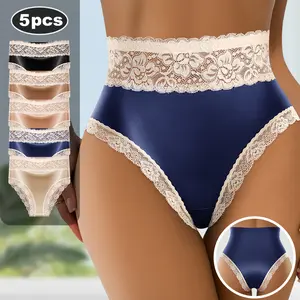 QUASTI 5-Pack High-Waist Lace Women's Panties Ultra-Soft Breathable Bikini Briefs Seamless No-Show Full Coverage Underwear for Comfort Daily Movement Solid Colors S-XXL