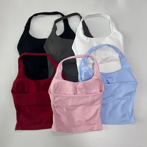 （Has tags）Dfyne Seamless Halter Top Backless Longline Strappy Padded Gym Top Women Built-in Bra Removable Cups Activewear Yoga Workout Tank Tops