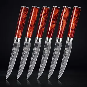 Crimson Red Steak Knife Set with Engraved Damascus Pattern - Razor Sharp Serrated Blade - Set of 6 with Luxury Gift Box - Senken Knives