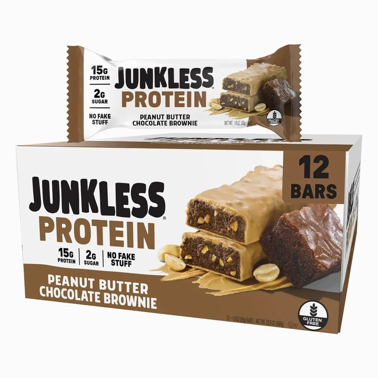 JUNKLESS Protein Bars - 15g Protein, No Added Sugar, Gluten Free, High Fiber, Delicious Taste and Texture, Satisfying, Healthy Snack for Energy - 12 Bars (Peanut Butter Chocolate Brownie)