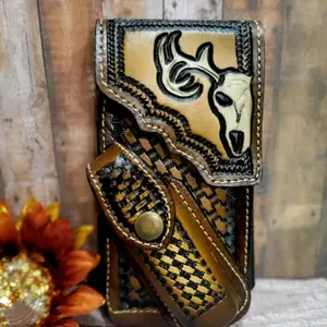 Deer skull face Genuine Leather Phone Belt Holster and Knife Holder Handtooled and handpainted Handmade in Mexico