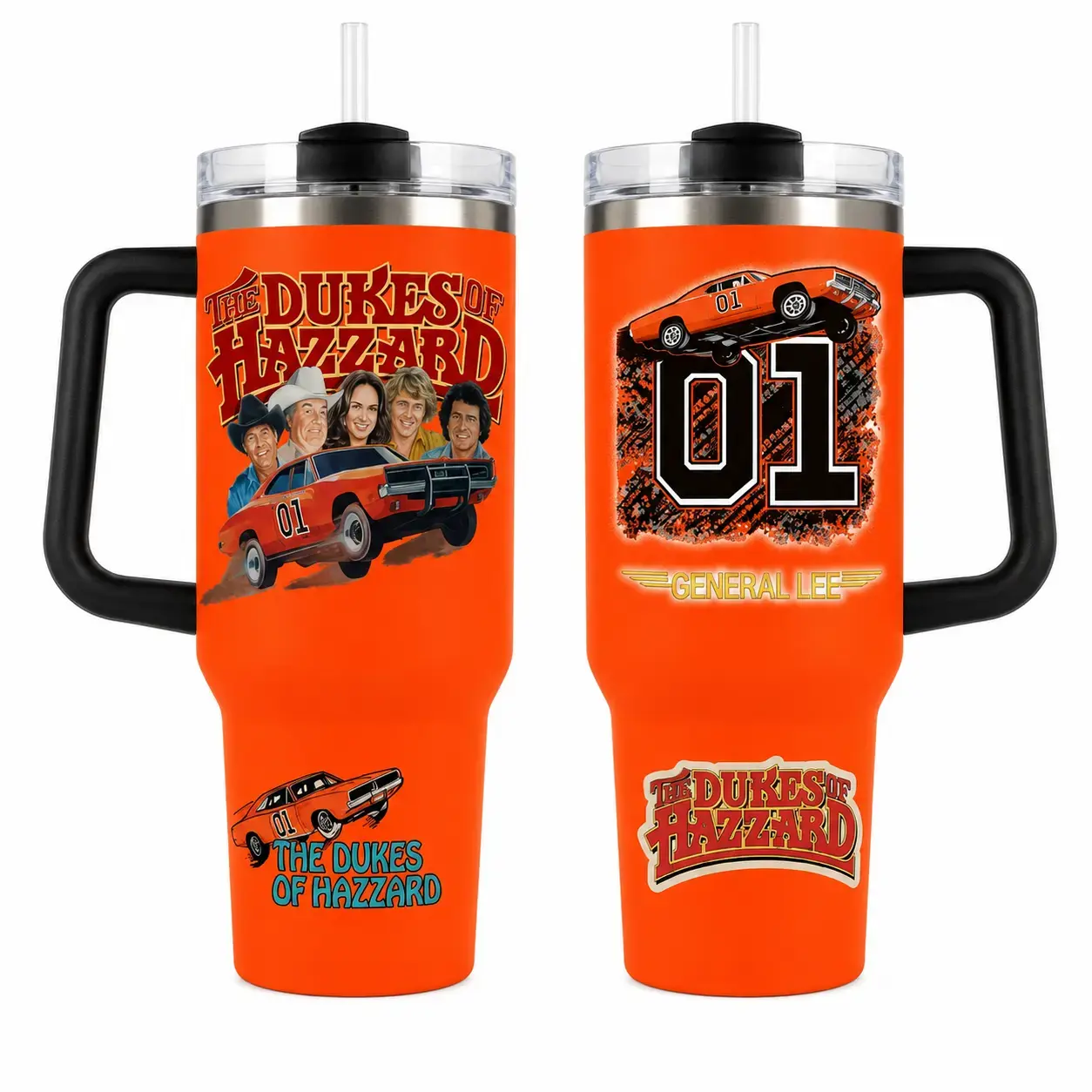 The Dkes 0f Hazz@rd General Lee 01 Tumbler 20oz 40oz With Handle, Orange Classic TV Show Fan Cup With Retro Car Cast Graphic, Vintage Americana Gift, Not Including The Straw Drinkware Water Bottles