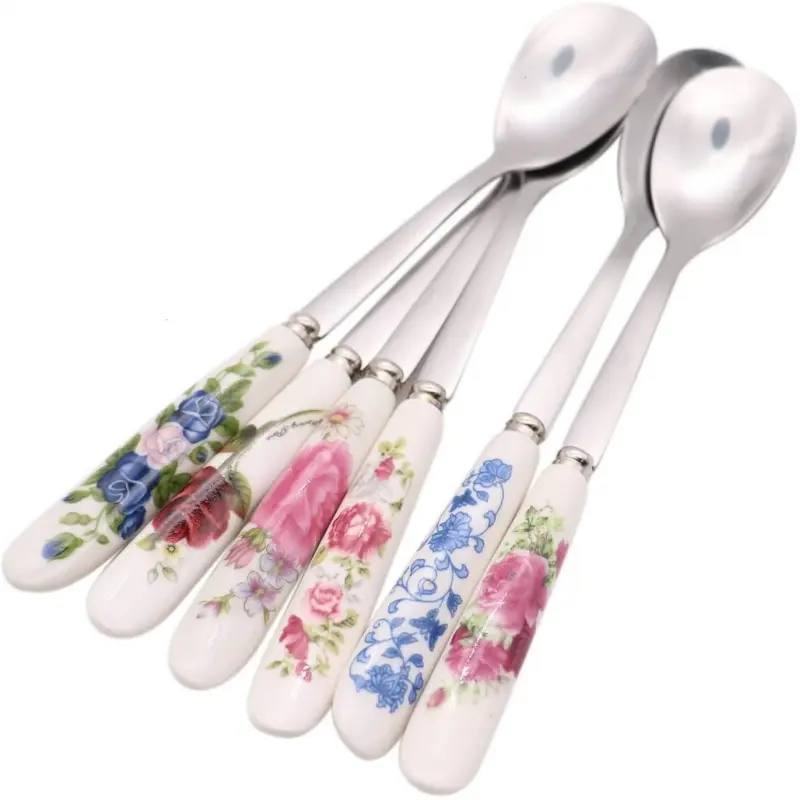 6-Pack Stylish Stainless Steel Spoons Set with Floral Handle Ceramic Grip, Kitchenware for Coffee, Sugar, Ice Cream Serving, Stirring Utensils, Ceramic Handle