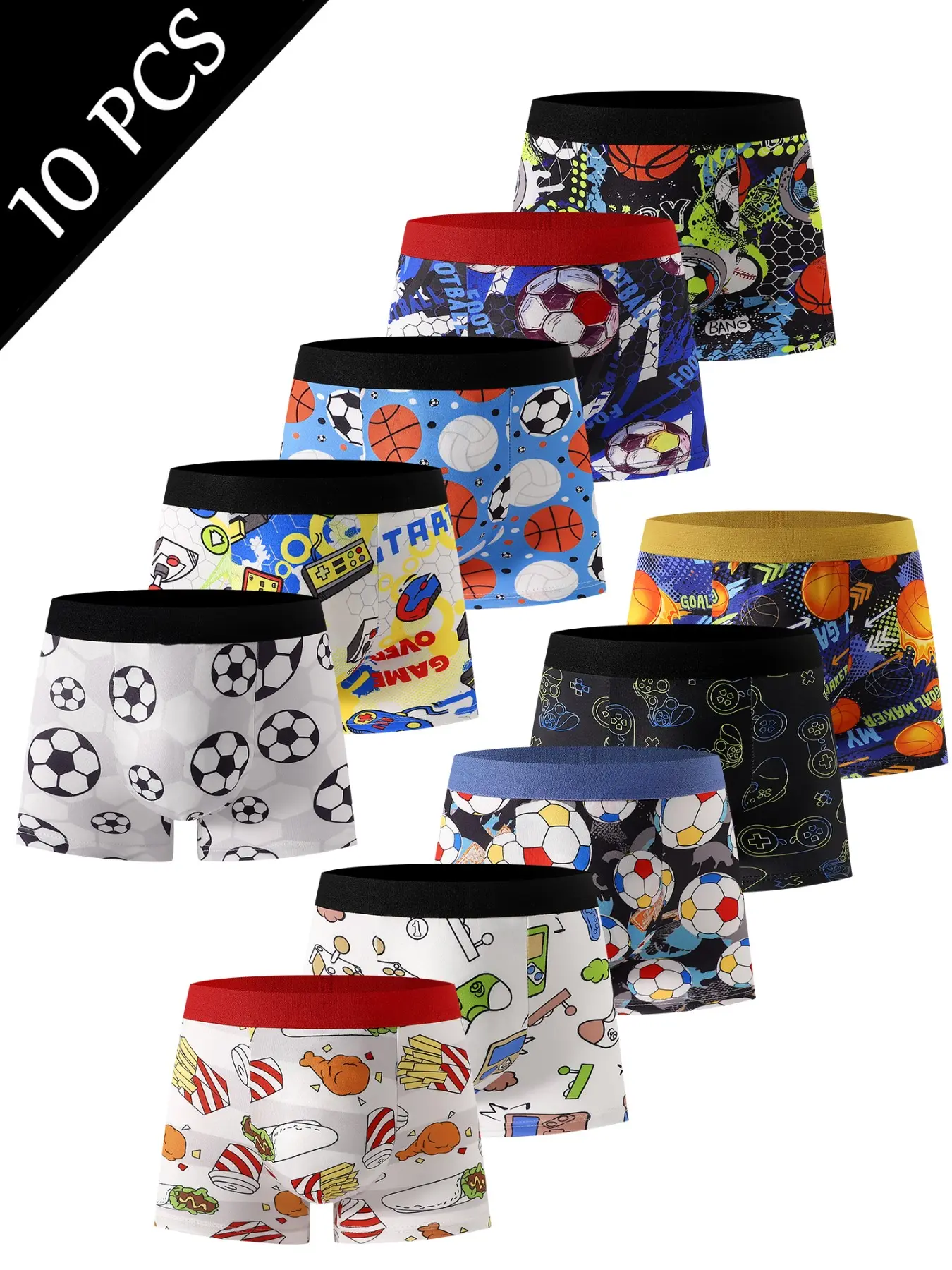 10-Pack Boys' Boxer Briefs, Football and Basketball Game Print, Soft Comfortable Underwear for Students Under Clothing