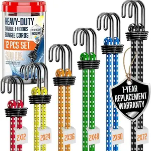Heavy Duty Outdoor Bungee Cords - 12 Pcs with Hooks in Storage Bag, Assorted Sizes 12" 24" 36" 48" 60" 72" Cord Bundle