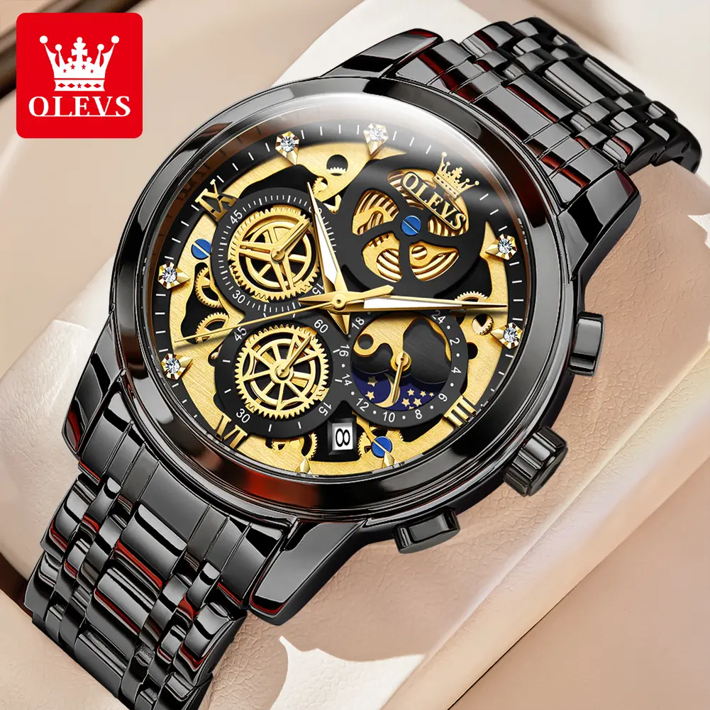 OLEVS Authentic Men's Modern Quartz Wristwatch (Round Face), 42mm Stainless Steel Case, Pointer Display, Chronograph, Luminous Date Display, 30M-50M Waterproof, 12-Month Warranty, Male Wear Luxury Party Gift Watch 9947