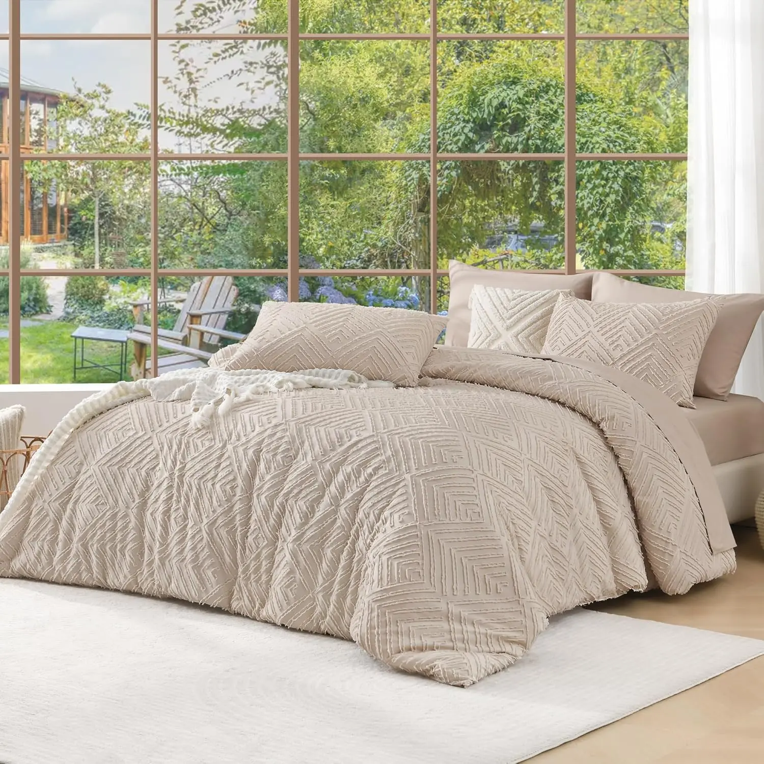 Khaki California King 3-Piece Boho Farmhouse Comforter Set - Superior Fabric Bedding with Crisp Diamond Lines, Elegant Embroidered Tufts, Fluffy Design (1 104x96in Comforter, 2 Pillowcases)