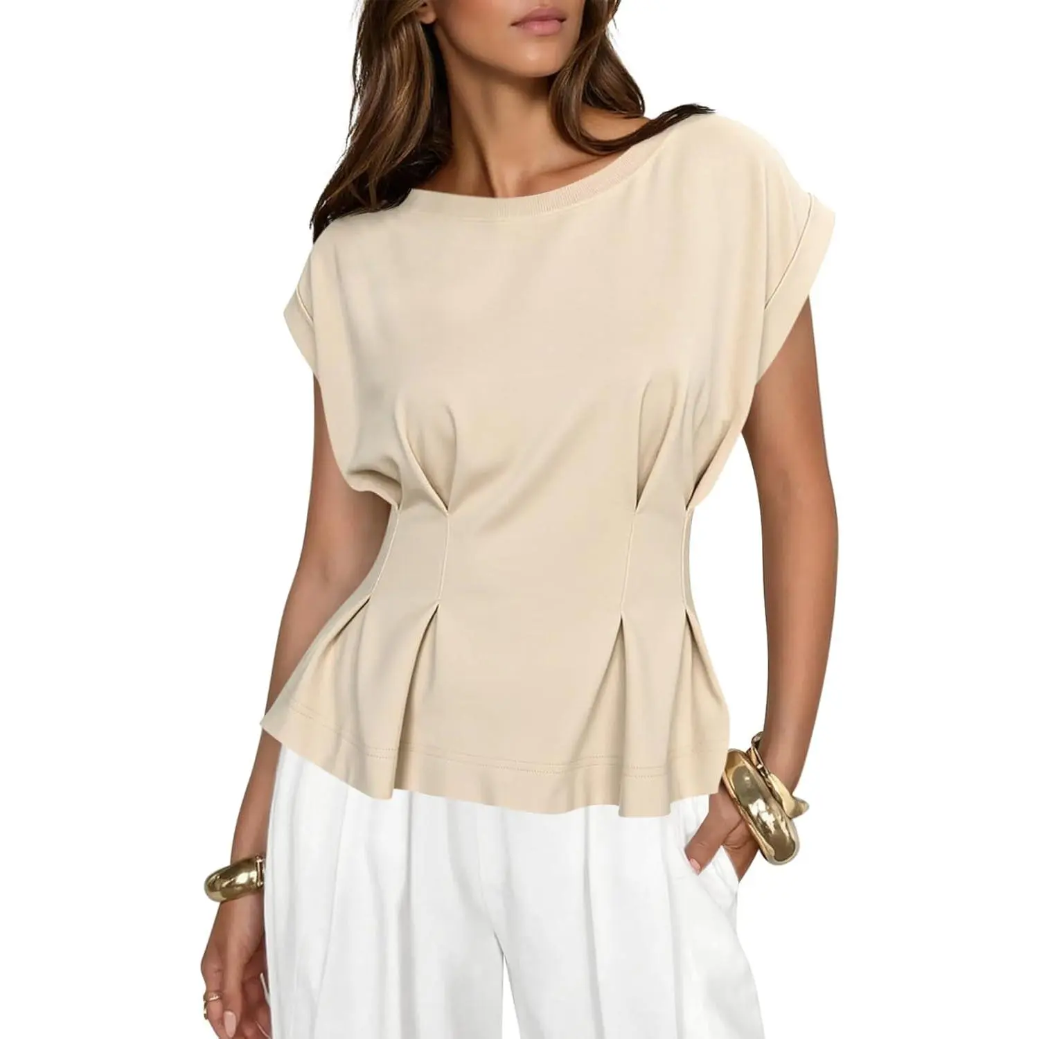 Fessceruna Womens Peplum Tops Summer Babydoll Cap Sleeve T-Shirts Dressy Casual Crew Neck Pleated Blouses