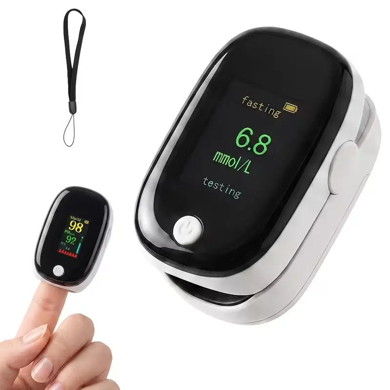 4-in-1 Fingertip Wellness Monitor for Sports & Outdoor Running, with SpO2, Pulse Rate, PI, Glucose Display, HD Color Screen, 1-Button Operation, Compact for Home & Travel