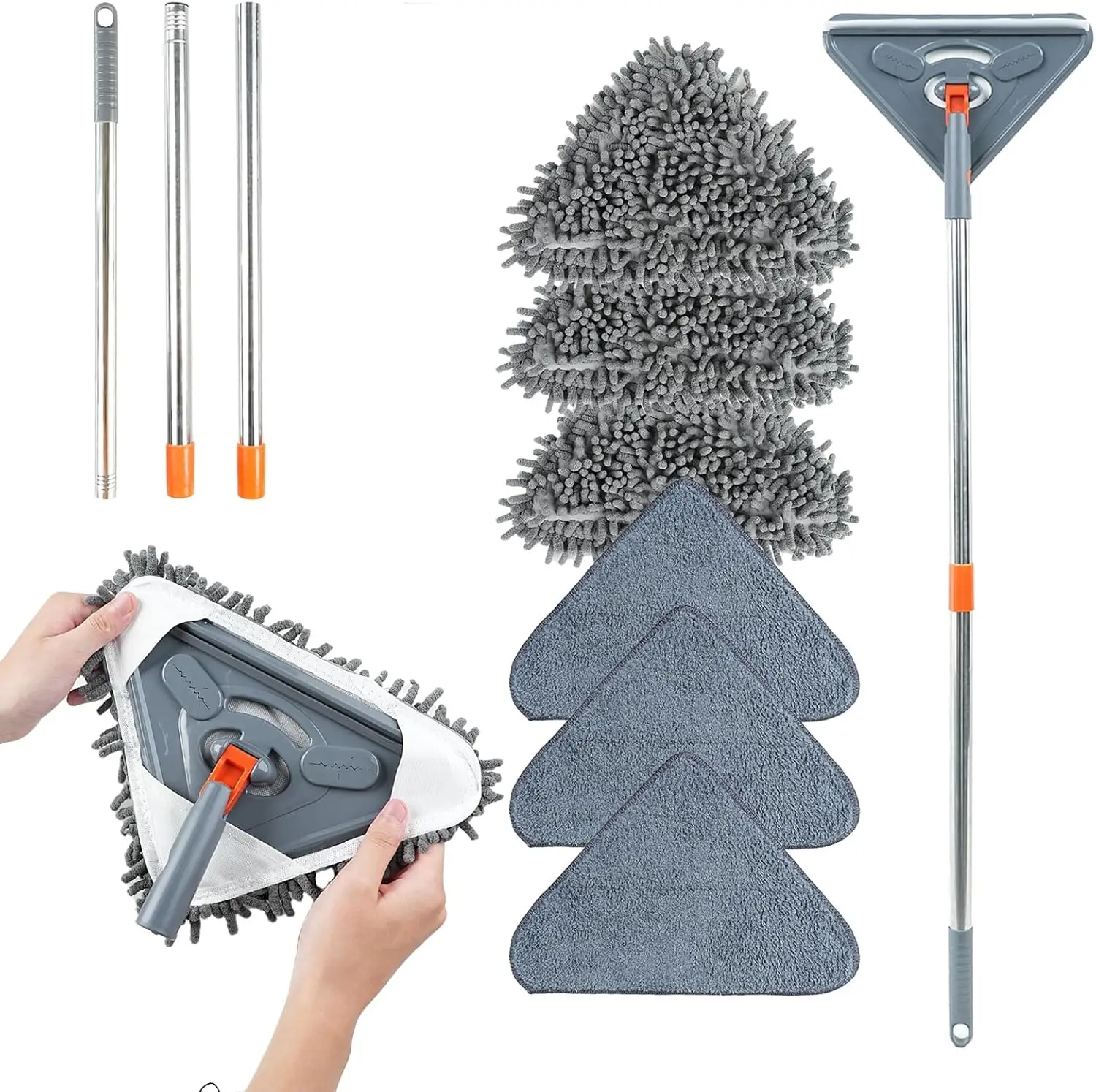 Sturdy 3-in-1 Wall & Ceiling Cleaning Tool Set - Adjustable 85-inch Handle Wall Mop, Rotating Pad, Extension Pole, 6 Absorbent Microfiber & Chenille Replacement Pads, Baseboard Dust Broom