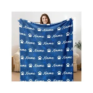 Personalized Dog & Cat Name Blanket - Cozy Blue Flannel With Paw Prints, Custom Pet Name Throw, Ideal Gift For Lovers, Machine Washable, All-Season Comfort, Personalized Blanket-30*40in