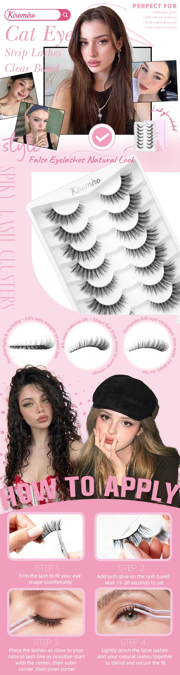 Kiromiro Natural Lashes Clear Band 15mm False Eyelashes Natural Look Cat Eye Lashes Faux Mink Eyelashes Strips for Makeup, 7 Pairs