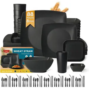 88- With Flatware Plastic Kitchen Wheat Straw Square Dinnerware Set for 8, Unbreakable Dinner/Salad/Appetizer Plates, Snack Bowls, Dipping Sauce Cups,Tumblers, Dishwasher Safe Dish,Black