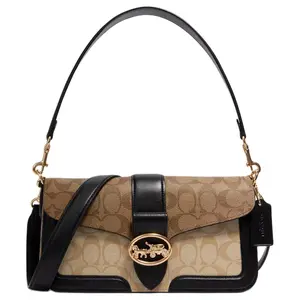 COACH Georgie 27 Logo-Coated Canvas and Smooth Leather Crossbody Bag for Women, Large Size, Black and Khaki