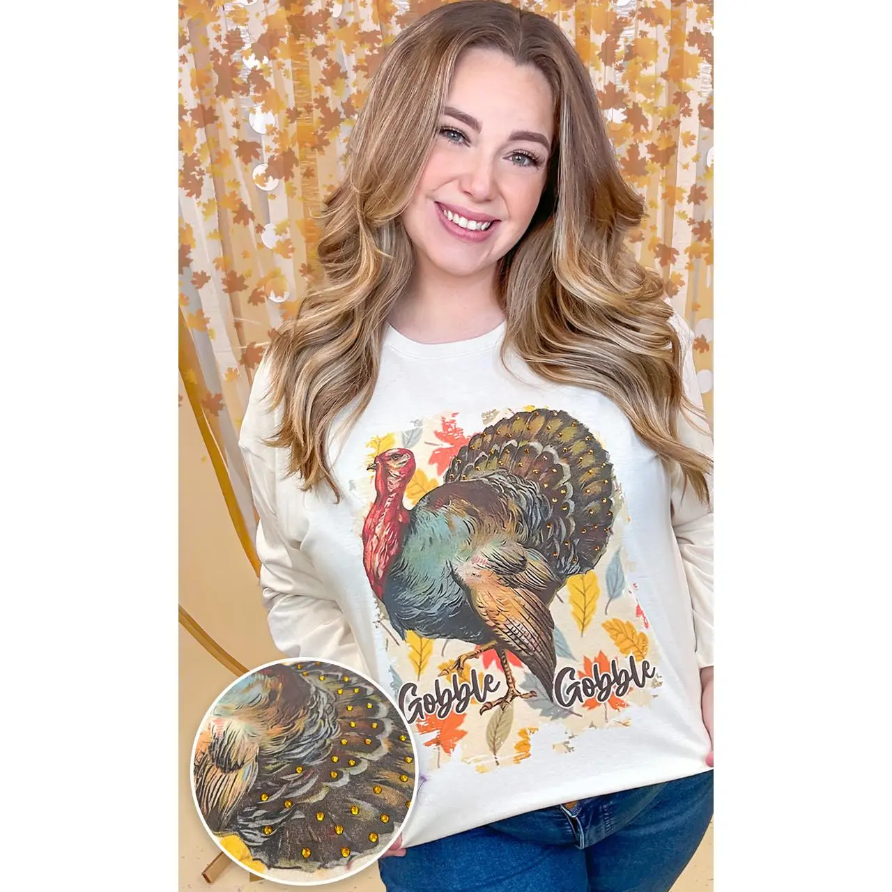 Tees2urdoor Women's Gobble Gobble Thanksgiving T-Shirt, Boyfriend Cut Long Sleeve Top with Rhinestone Graphic, Cotton Blend, Round Neck