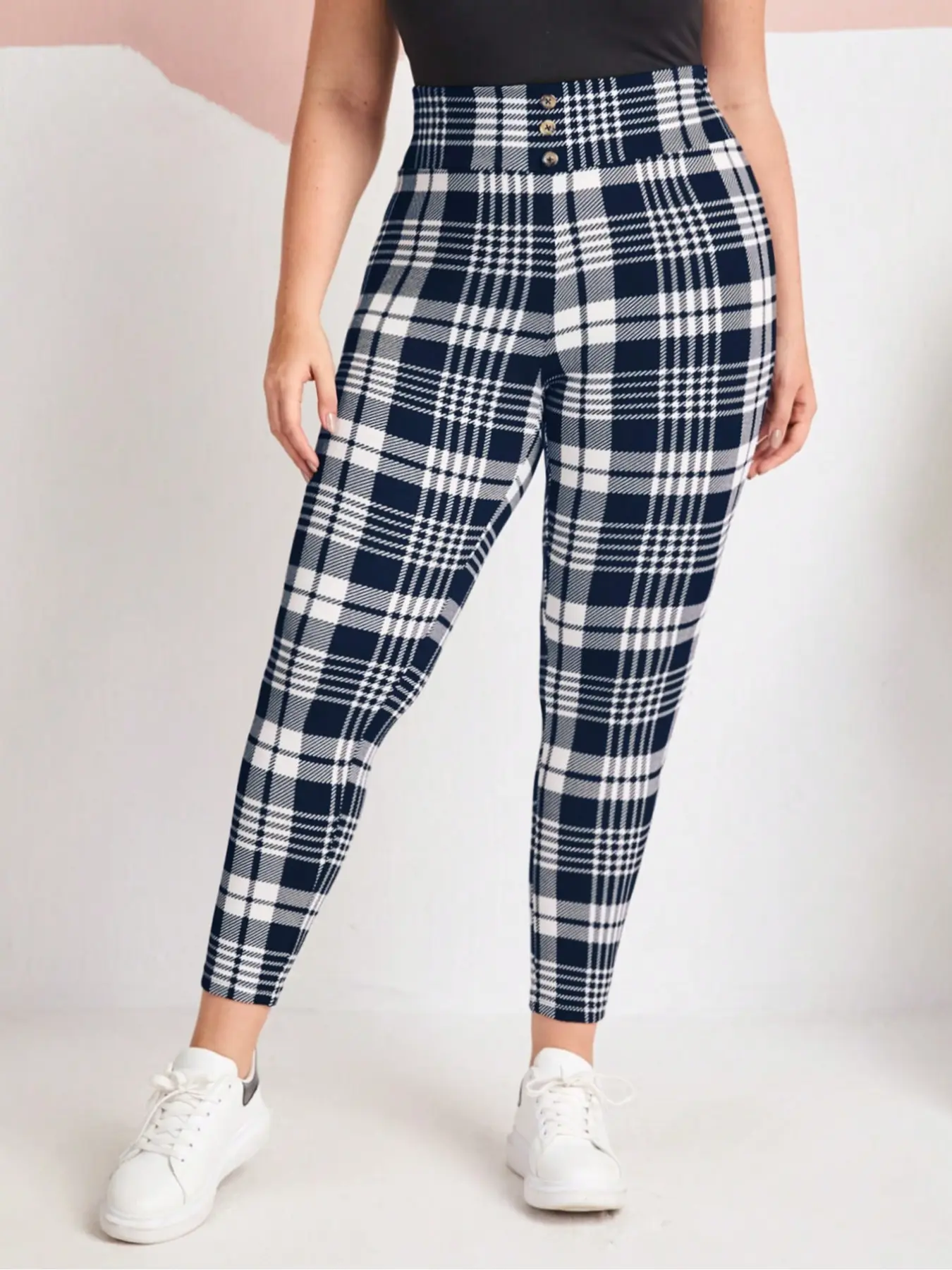 New Fashion Plaid Print Front Button High Waisted Tight Trouser Pants, Comfortable Plus Size Skinny Jeans, Stylish Women's Casual Wear, casual fashion trousers, Bottoms
