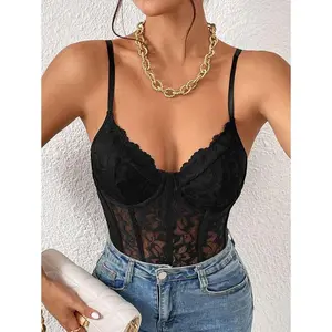 Women Lace Bustier Cami Bodysuit Fabric Fit bodysuits women solid color cami Twist Front Bodysuit