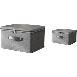 Foldable Storage Boxes with Lid and Handle,Clothing storage frames, Fabric Storage Containers for Clothes,Storage Bins with Zipper Portable, Gray,Set of 2(S+L