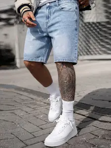 Men's Casual Loose Wide Leg Denim Shorts, All Seasons Street Style, Pure Color Pocket Design, Versatile Straight Fit Jeans