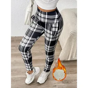 Women's Plaid Print Thermal Lined Leggings, Casual Comfy High Waist Skinny Pants for Daily Wear, Ladies Bottoms for Winter