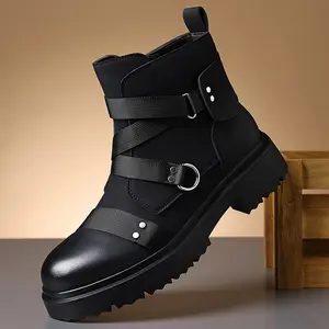 Men's Tactical Combat Boots with  Straps. Chunky Lug Sole Work Boots. Western Chelsea Style-Up Ankle Boots for Motorcycle & Streetwear Work shoes