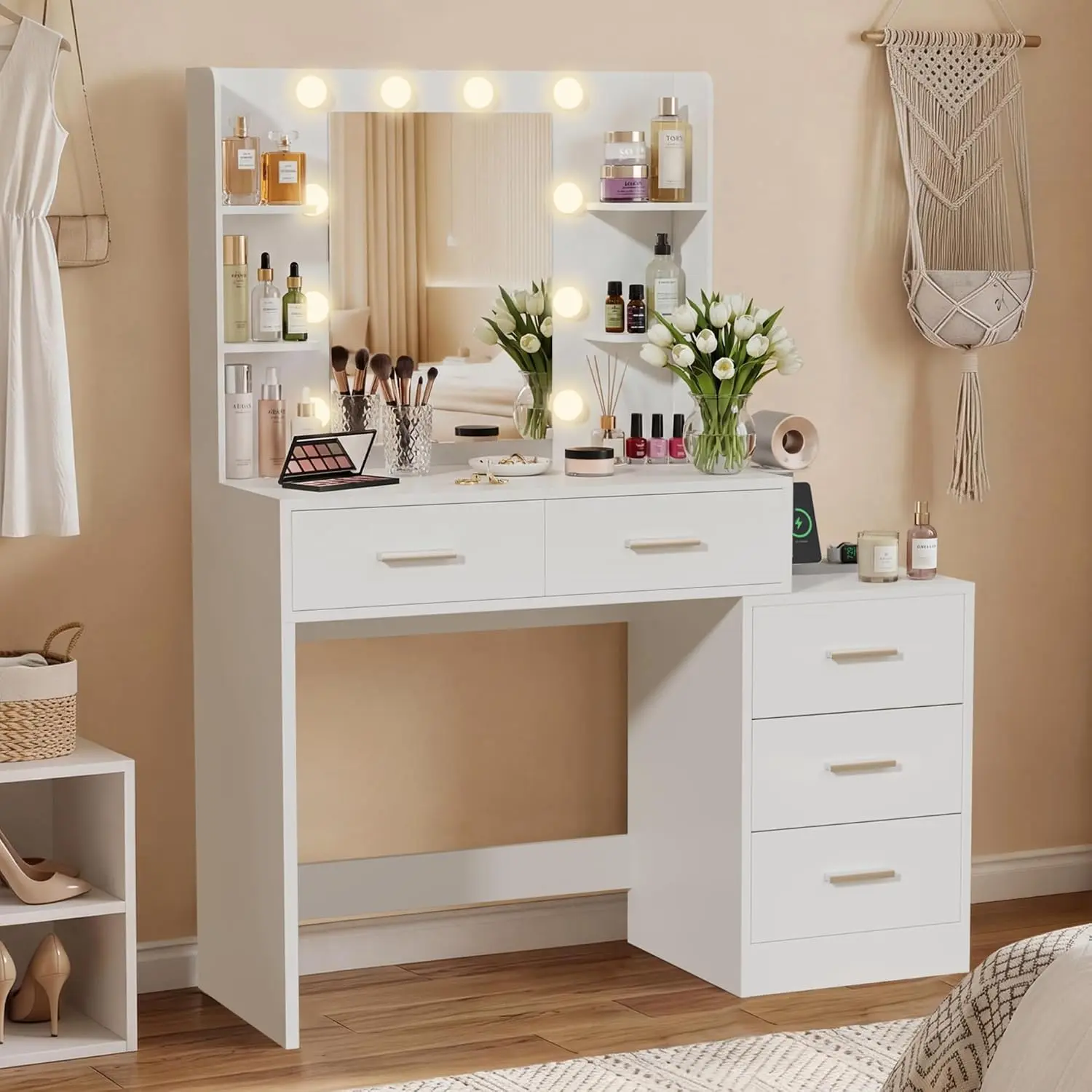 Furmax Makeup Vanity Desk with Mirror & Power Outlet, 2-in-1 Vanity Table with Nightstands, Large Storage Drawers & Hair Dryer Holder, Makeup Dressing Desk with 3 Color Light Options for Bedroom,Dorm,Gitt fot Girlfriend,Sister,Daughter
