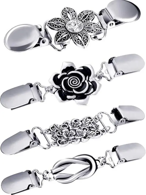 4 Pack Vintage Sweater Clips for Women, Retro Cardigan Collar & Shawl Clips, Decorative Sweater Guard Brooch Fasteners