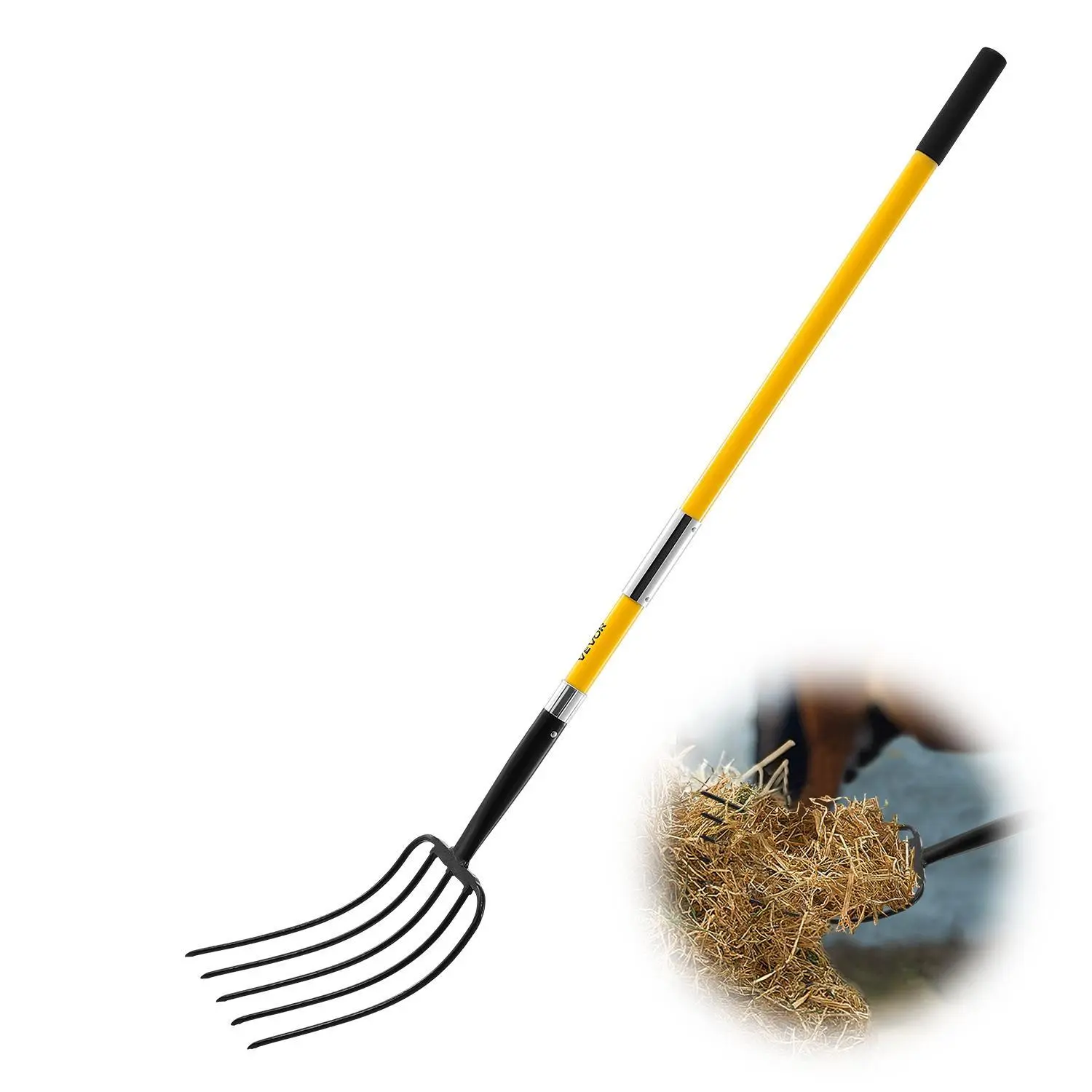 VEVOR Garden Fork,  5-Tine Gardening Pitchfork with Fiberglass Handle, 57 in Heavy Duty Digging Fork with Y Grip, Forged Steel Spading Fork for Hay Potato Composting Transplanting Aeration#BackToSchool