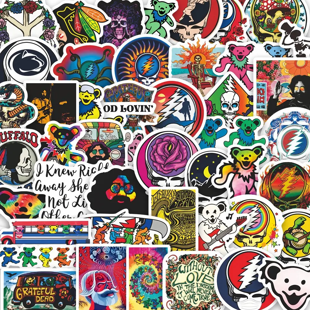 60pcs Grateful Dead Vintage Stickers Pack, Sticker Packs, Sticker Sheets, DIY Sticker Paper, Waterproof Art Psychedelic Rock Steal Your Face & Dancing Bear Decals for Laptop, Water Bottle, Journal & Scrapbook, Scrapbooking Ephemera, Rock Fan Gift