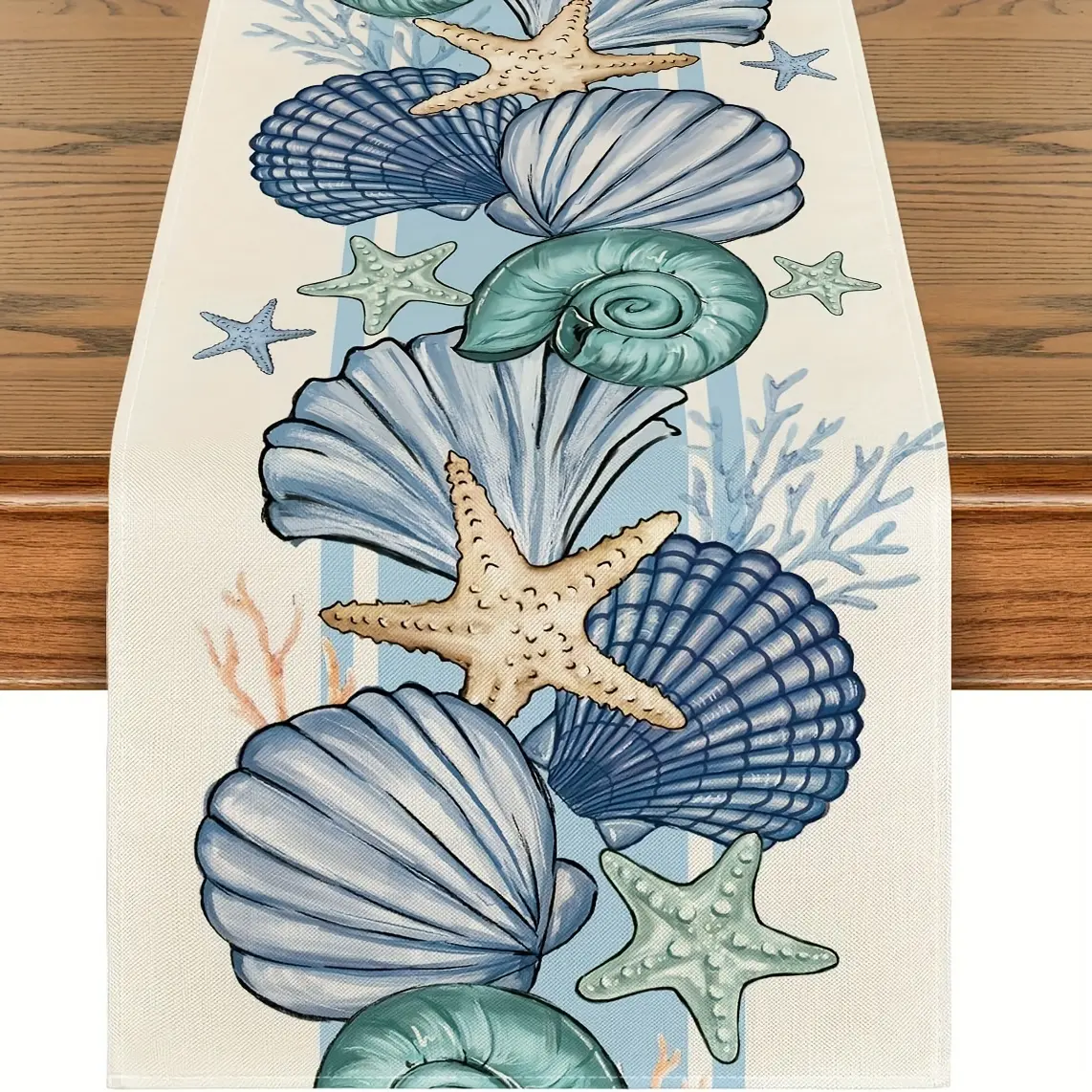 1 PC, Table runner featuring seashell and starfish designs, suitable for home use and spring or summer ocean-themed party decorations, Marine Atmosphere