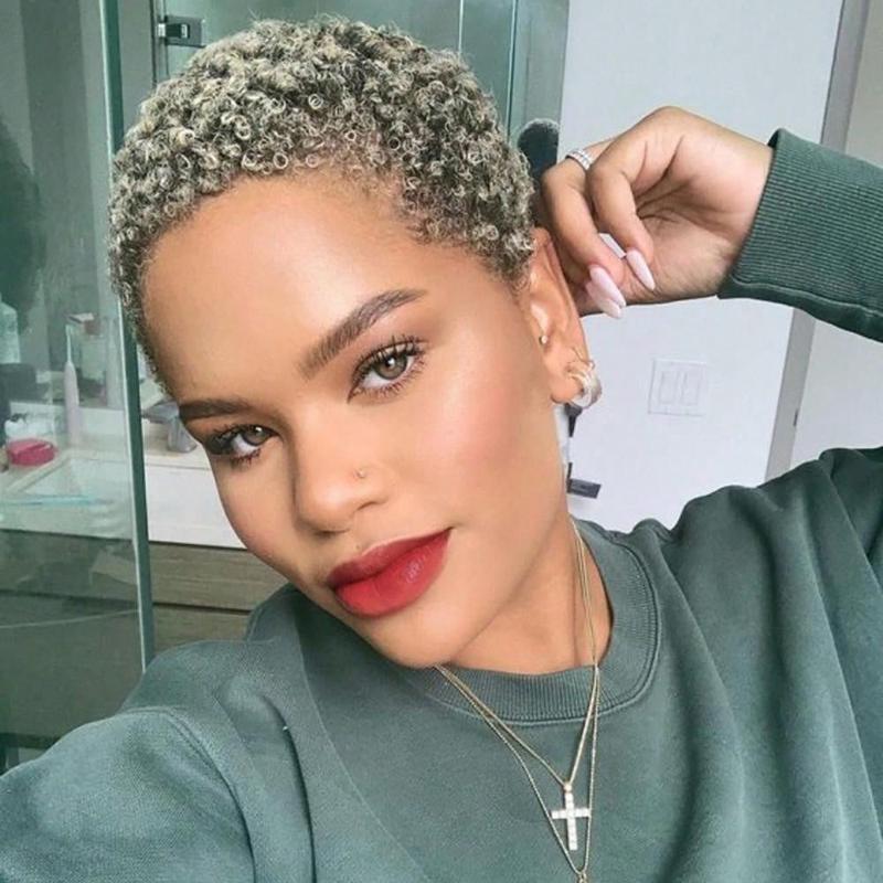 Ombre Gray And Blonde Hair Wig Synthetic Short Afro Kinky Curly Wigs For Women Short Pixie Curly Wigs For Christmas Day Parties