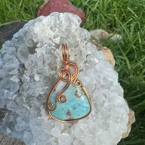 Larimar in copper, crystal pendant, wire wrapped jewelry