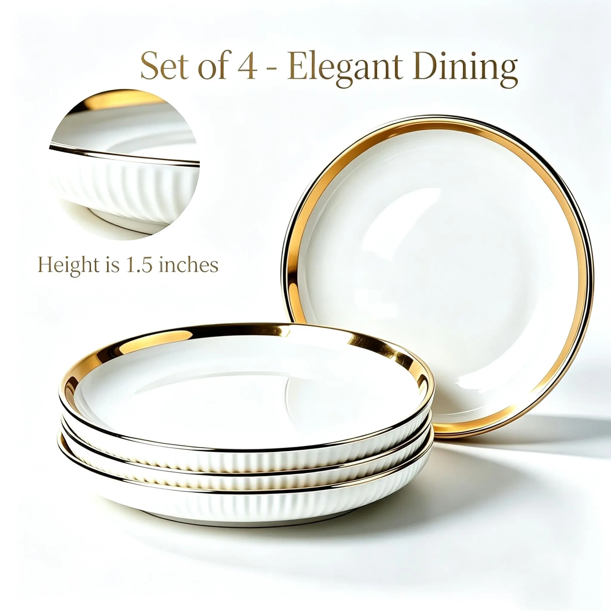 4Pcs Round 10-in Thick Luxury Gold Rim Ceramic Dinner Plate Set - Vertical Rib White Porcelain Tableware, Lead-Free, Multi-Safe for Microwave/Dishwasher/Fridge, Easy Clean, Stackable for Cabinet Storage, Ideal for Indoor Home Parties & Steak Meals