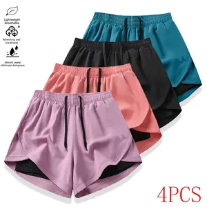 4PCS women’s casual athletic shorts, faux two-piece design, solid color style, with inner lining, elastic drawstring waistband, suitable for outdoor workouts, running, sports, and casual wear; women’s shorts—a gift for her
