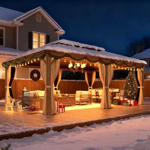 14'x20' Wooden Finish Hardtop Gazebo - Galvanized Steel Double Roof, Aluminum Frame with Curtains & Nettings for Patio & Garden