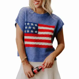 Women's American Flag Graphic Relaxed Fit Short Sleeve Knit Sweater Top for Independence Day Festivals & Casual Streetwear Knitwear - Womenswear, Mother's Day Gift
