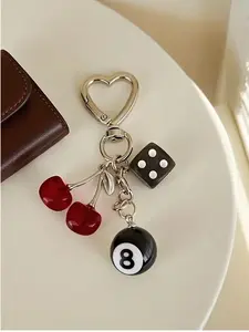 Y2K Style Pool 8-Ball & Dice Keychain Charm, Lucky Black Billiard Ball & Dice Pendant with Heart Carabiner, Edgy Aesthetic Bag Accessory, Durable Key Ring for Daily Use, Perfect Gift for Gamers & Streetwear Fans
